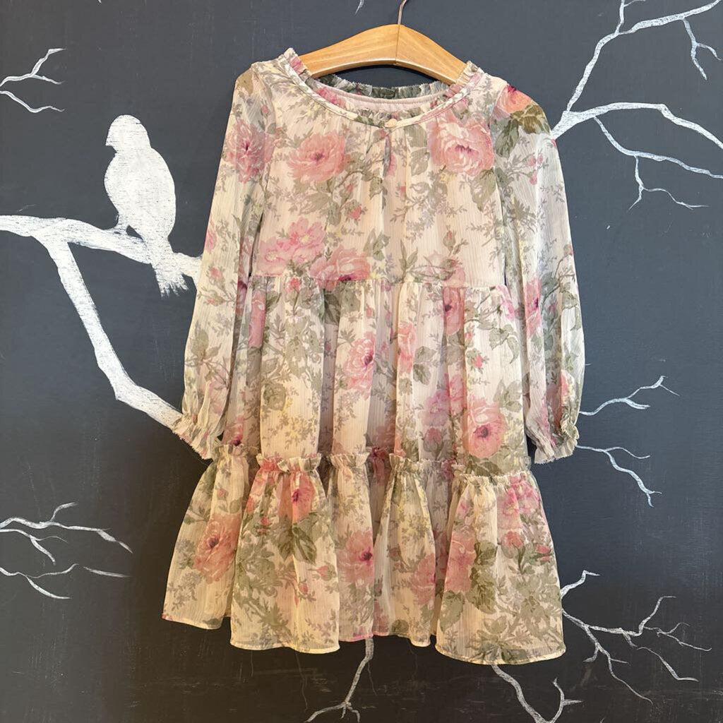 Ralph Lauren Cream Pink Flowers LS Fancy Dress 3t