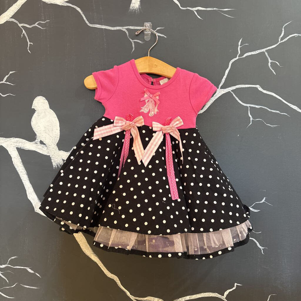 Rare Editions Pink Black Polka Dot Ballet SS Dress 6-9m