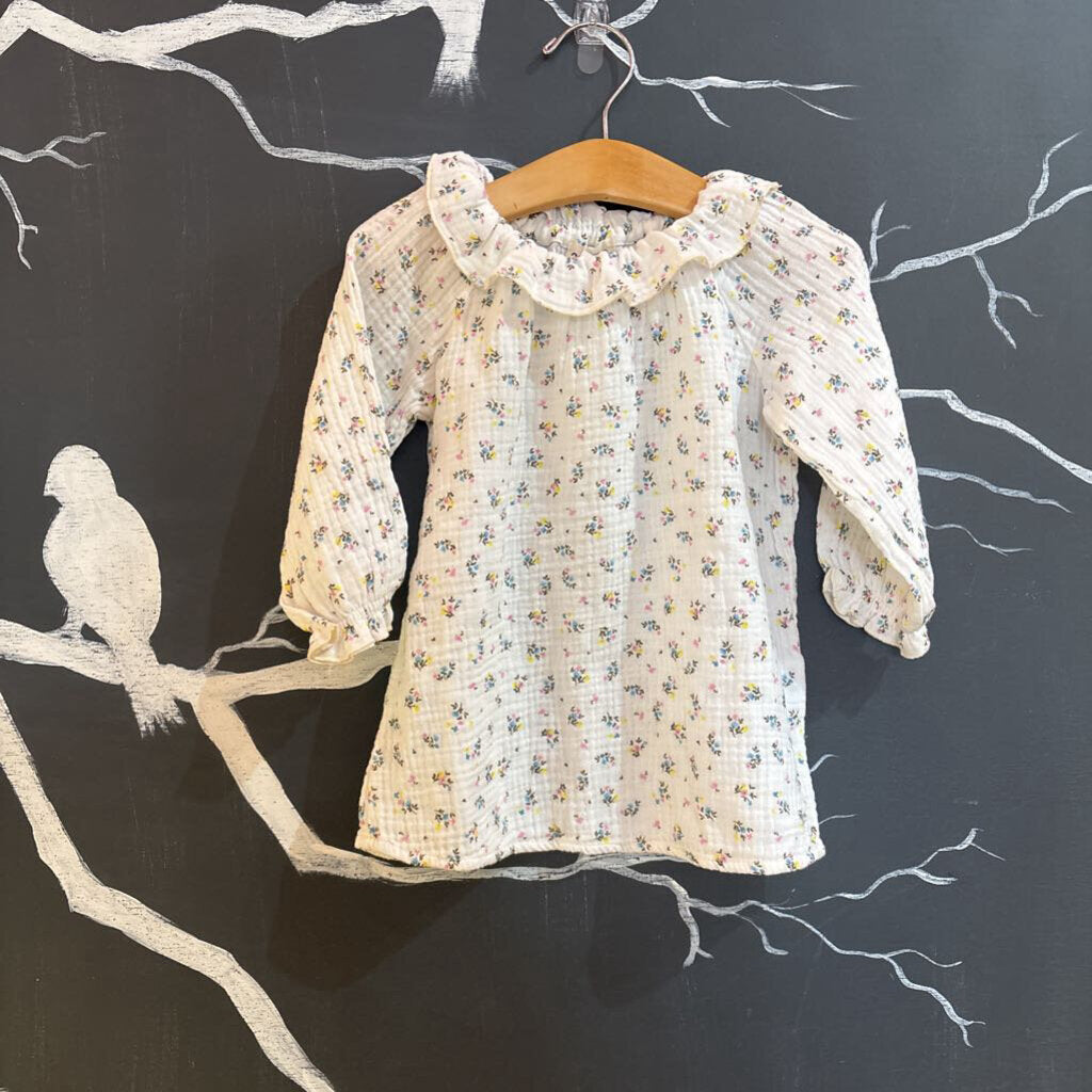 Cozmo White Pink Blue Yellow Flowers Ruffle LS Dress 18m *NEW