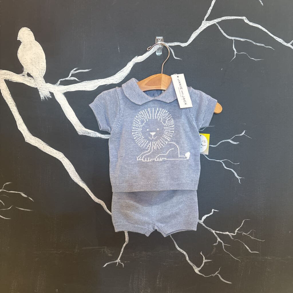 Janie and Jack Blue Lion Knit SS & Short Set 0-3m *NEW