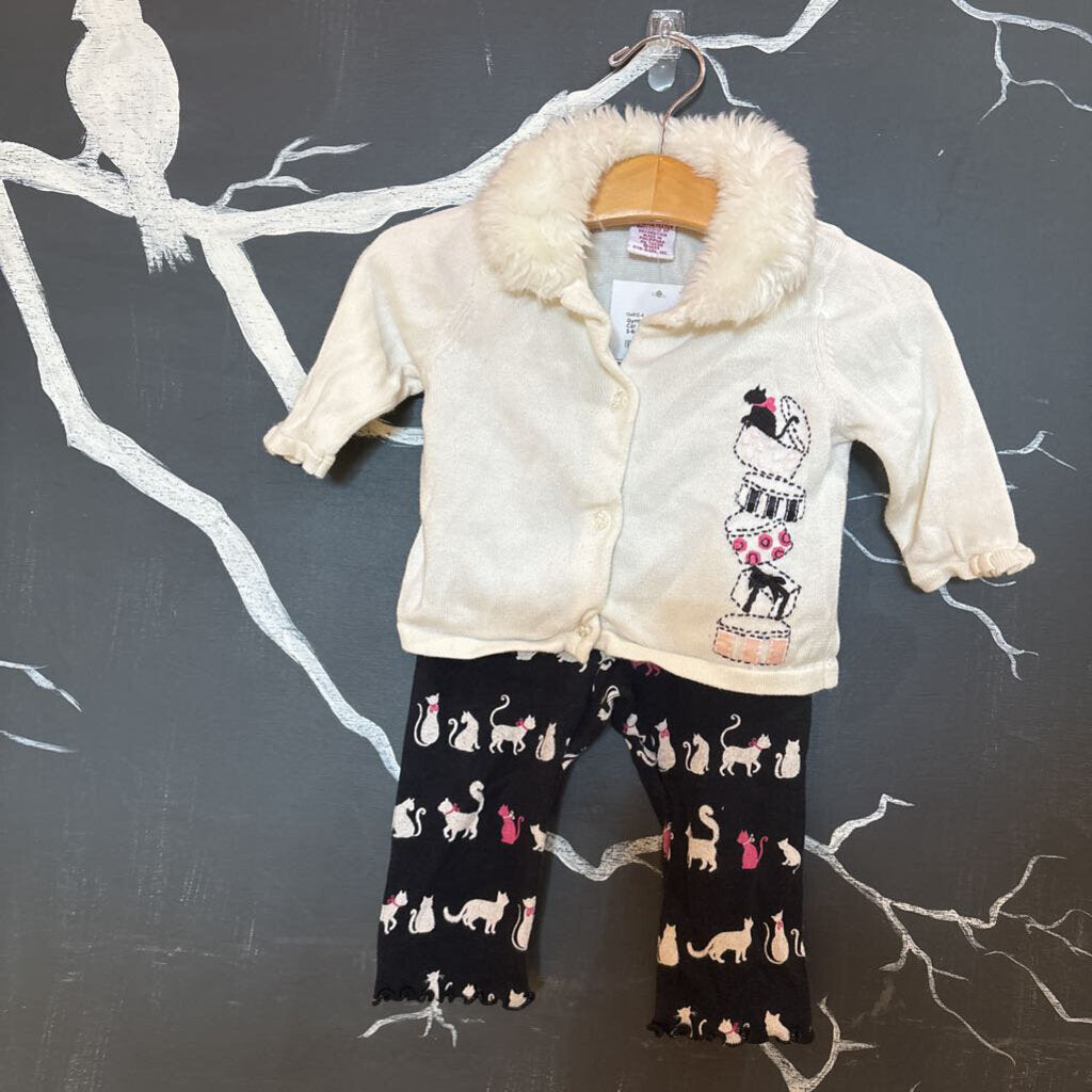 Gymboree Cream Black Cat Cardigan Pant Set 3-6m