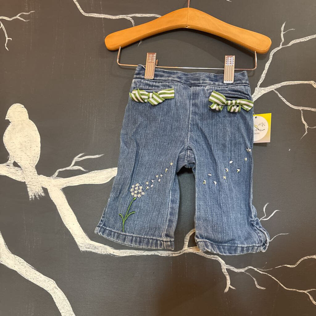 Gymboree Blue Green Bow Stitch Flower Jeans 3-6m