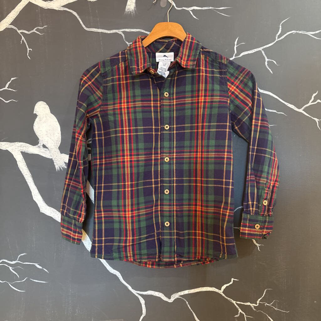Tommy Bahama Blue Green Red Plaid LS Button-up 7-8