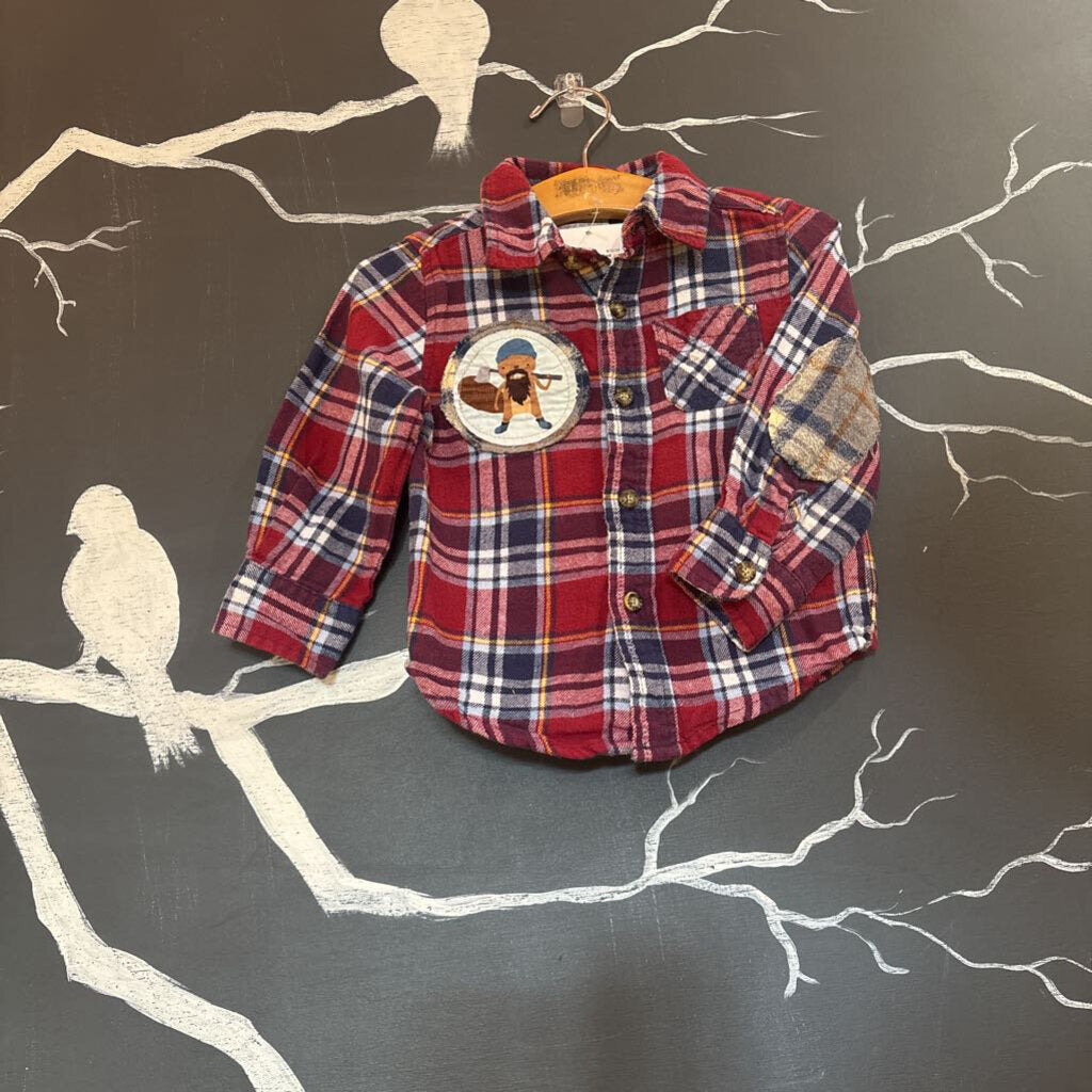 Magical Scraps Red Blue Plaid Lumberjack Beaver LS Button-up 2t