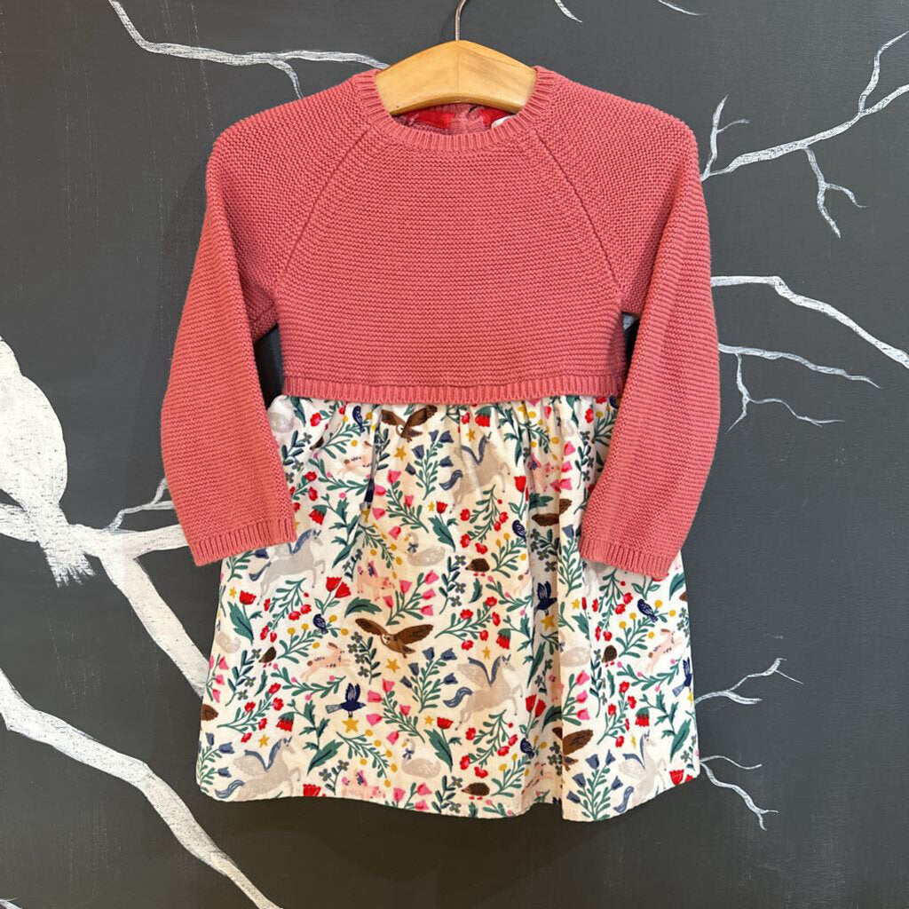 Baby Boden Pink Multi Floral Animals LS Sweater Dress 12-18m