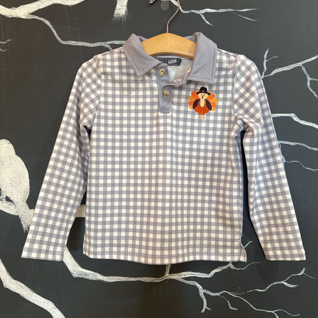 Millie & Maxx Grey White Plaid Turkey LS Polo 3t